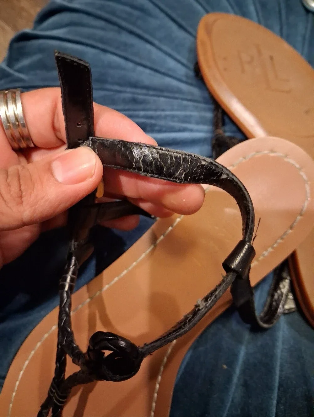Lauren Ralph Lauren Black Braided Thong Sandals with Tan Footbed